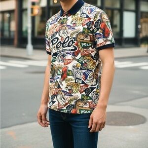 Polo Ralph Lauren Collegiate Mascot Pennant All Over Print Polo Mens Slim Fit XL